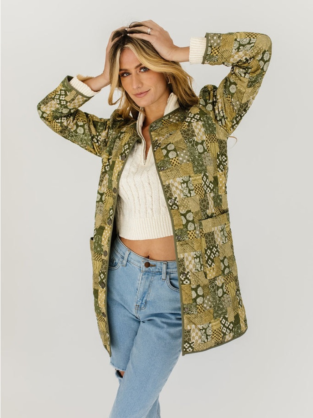 Patchwork Green Mid-Length Women's Jacket